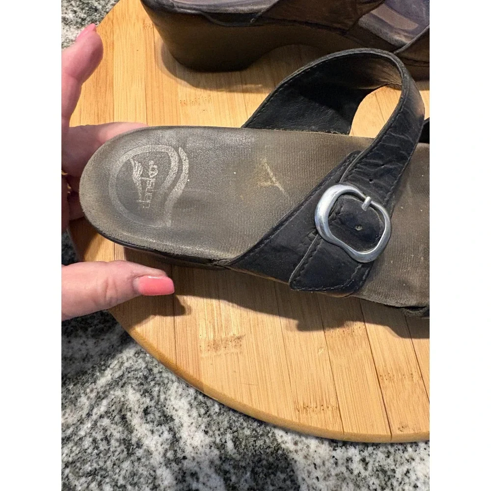 Dansko Women Black Leather Double Buckle Slide Wedge Sandals Size 40